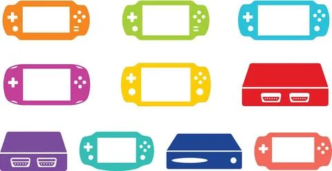 Set of colorful handheld gaming console and retro console vector icons on t.. Illustrazione stock