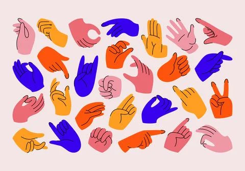 Set of colorful hands with different gestures and signs Stock Illustration