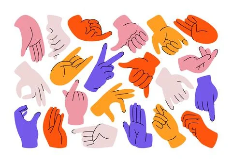 Set of colorful hands with different gestures and signs. Stock Illustration