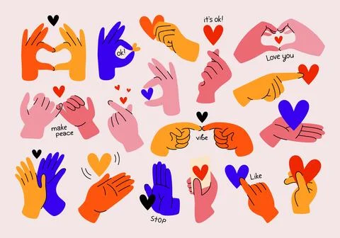 Set of colorful hands with various gestures and signs. Stock Illustration