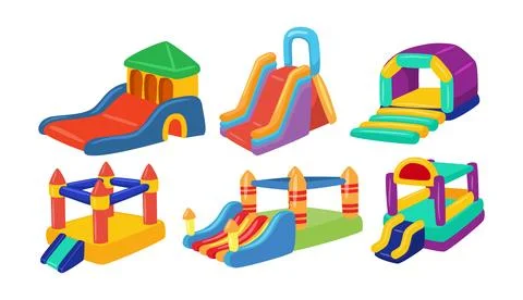 Set of colorful inflatable castle set collection, Cartoon drawings of infla.. Stock Illustration