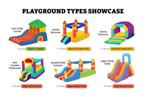Set of colorful inflatable castle set collection poster infographic, Cartoo.. Stock Illustration