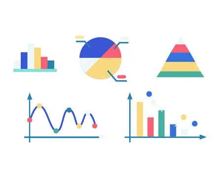 Set of colorful infographic elements including bar graph, pie chart, line graph Stock Illustration