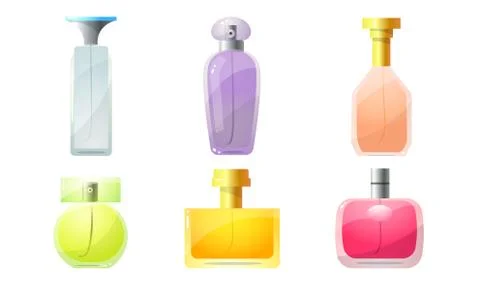Set of colorful jars of perfume vector illustration Ilustração Stock