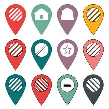 Set Of Colorful Map Pointer Icons With Various Symbols Stock Illustration