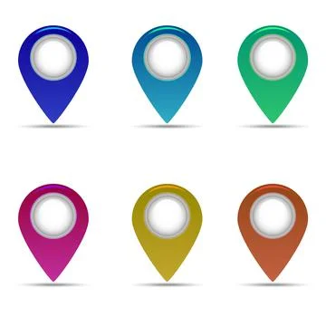 Set of colorful map pointer icons. Glossy location pin markers with white b.. Ilustración de archivo