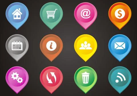 Set of colorful map pointers with web icons Illustrazione stock