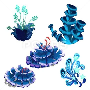 Set of colorful marine cartoon algae and coral polyps isolated on white Stock Illustration