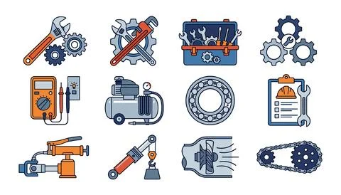 Set of colorful mechanical tools and machinery icons Vector Illustrazione stock