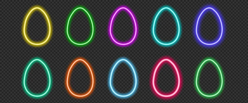 Set of colorful neon Easter eggs glowing outlines on dark transparent backg.. イラスト素材