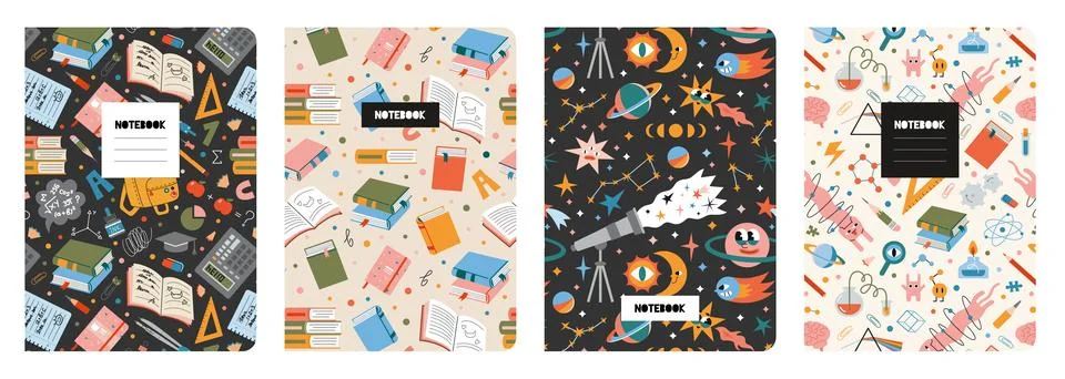 Set of colorful notebook covers with editable seamless patterns featuring s.. Illustrazione stock