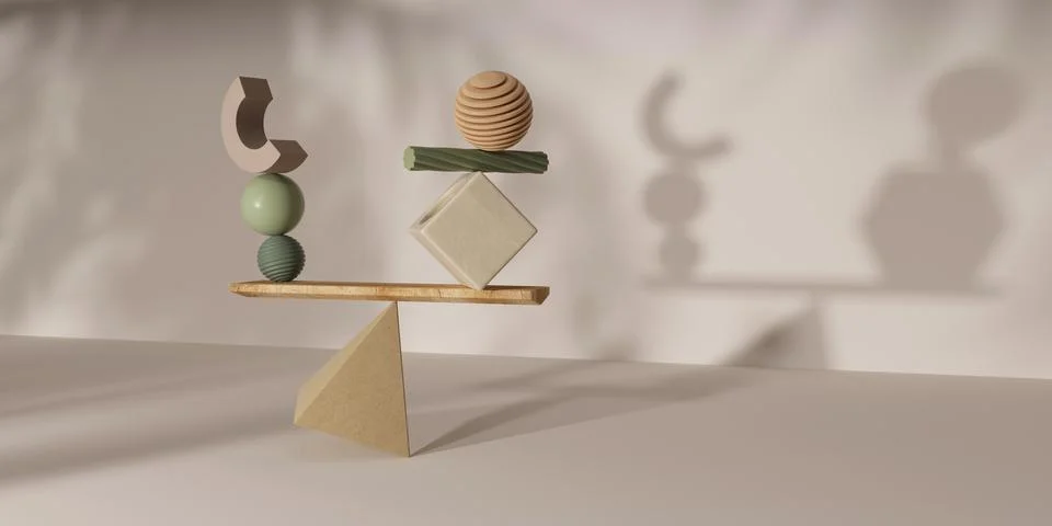 Set of colorful objects of different geometric shapes balancing while place.. Stock Illustration