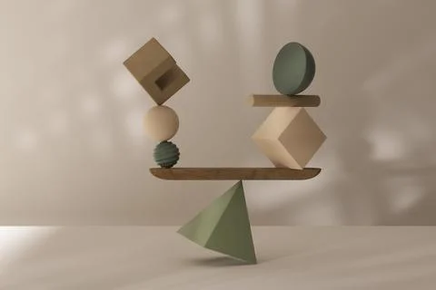 Set of colorful objects of different geometric shapes balancing while place.. Stock Illustration