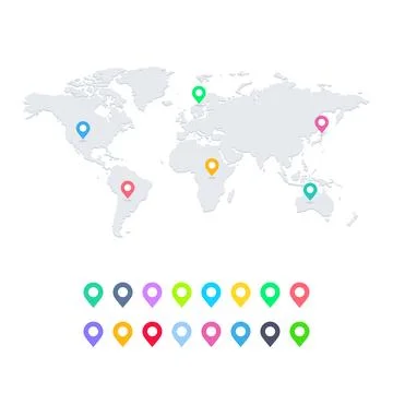 Set of colorful pin pointers and World map. Vector illustration isolated on.. Stock Illustration