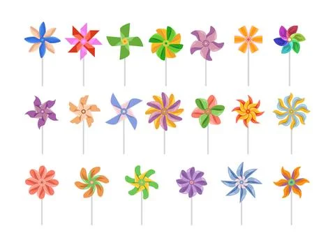 Set of colorful pinwheel set collection. Wind fan toy cartoon pinwheel. Wea.. Stock Illustration