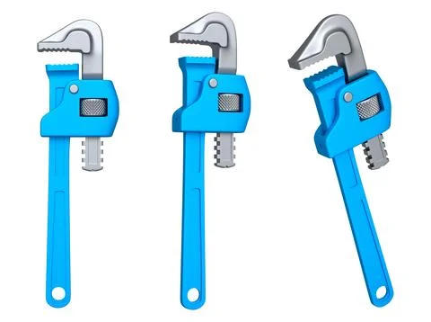 Set of colorful pipe wrenches with metallic jaws isolated on white backgrou.. Stock Illustration