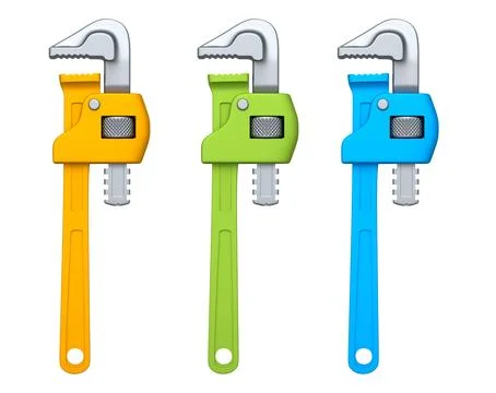 Set of colorful pipe wrenches with metallic jaws isolated on white background Stock Illustration