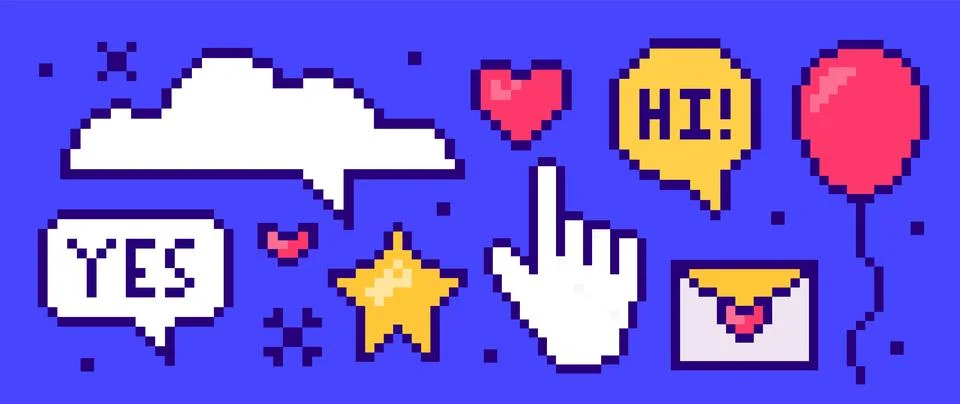 Set of colorful pixel art elements: speech bubbles with text, heart, star, hand 스톡 일러스트