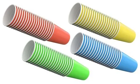 Set of colorful plastic cups isolated on white background, concept of party s Illustrazione stock
