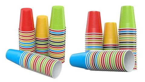 Set of colorful plastic cups isolated on white background, concept of party.. Stock Illustration