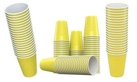 Set of colorful plastic cups isolated on white background, concept of party s Illustrazione stock