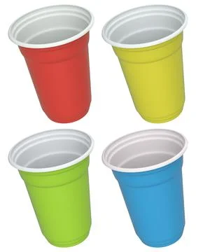 Set of colorful plastic cups isolated on white background, concept of party s Illustrazione stock
