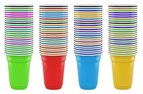 Set of colorful plastic cups isolated on white background, concept of party.. Stock Photos