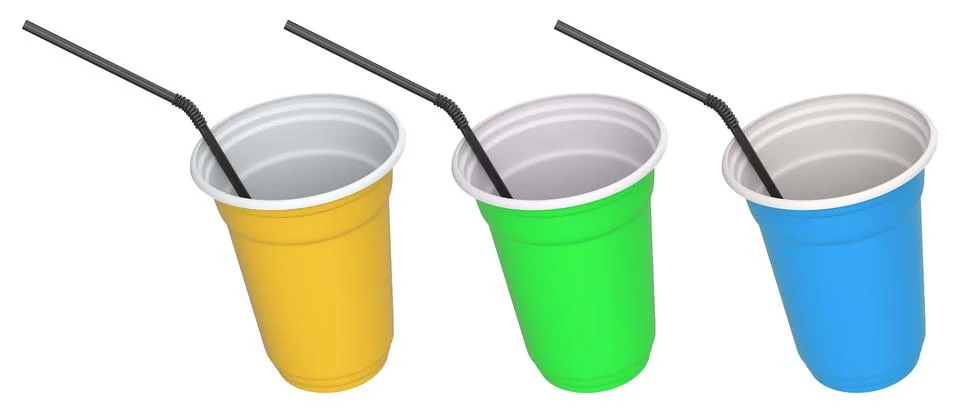 Set of colorful plastic drinking cups with black bendy straws isolated on a.. Stock Illustration
