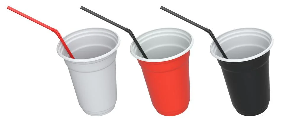 Set of colorful plastic drinking cups with black bendy straws isolated on a.. Stock Illustration