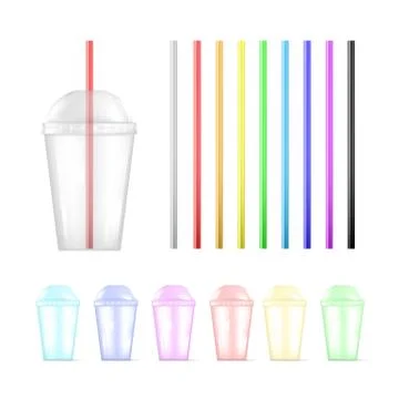 Set of colorful plastic empty disposable cup and colorful straws. Vector illu Stock Illustration