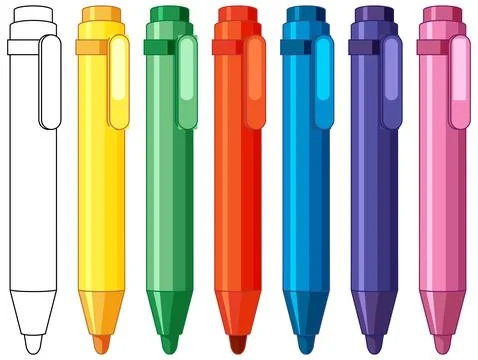 Set of Colorful Plastic Pens in a Row Vector Illustration Stock Illustration