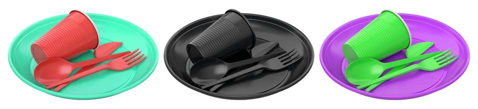 Set of colorful plastic tableware sets with plates, cups, and matching cutlery Stock-Illustration