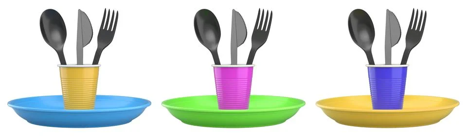 Set of colorful plastic tableware sets with plates, cups, and matching cutlery Stock-Illustration