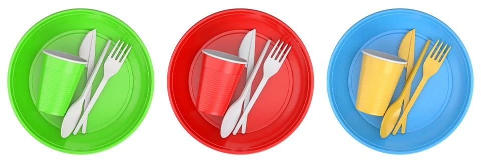 Set of colorful plastic tableware sets with plates, cups, and matching cutlery Stock-Illustration
