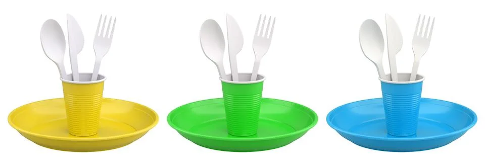 Set of colorful plastic tableware sets with plates, cups, and matching cutlery Stock-Illustration