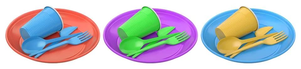 Set of colorful plastic tableware sets with plates, cups, and matching cutler Stock Illustration