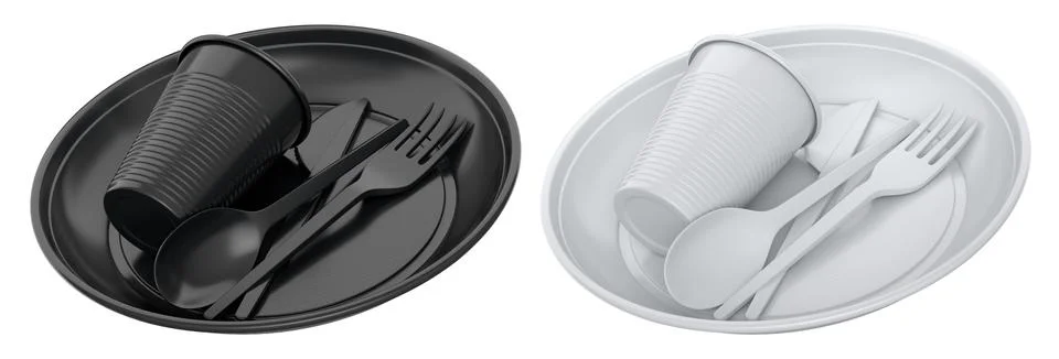 Set of colorful plastic tableware sets with plates, cups, and matching cutler イラスト素材