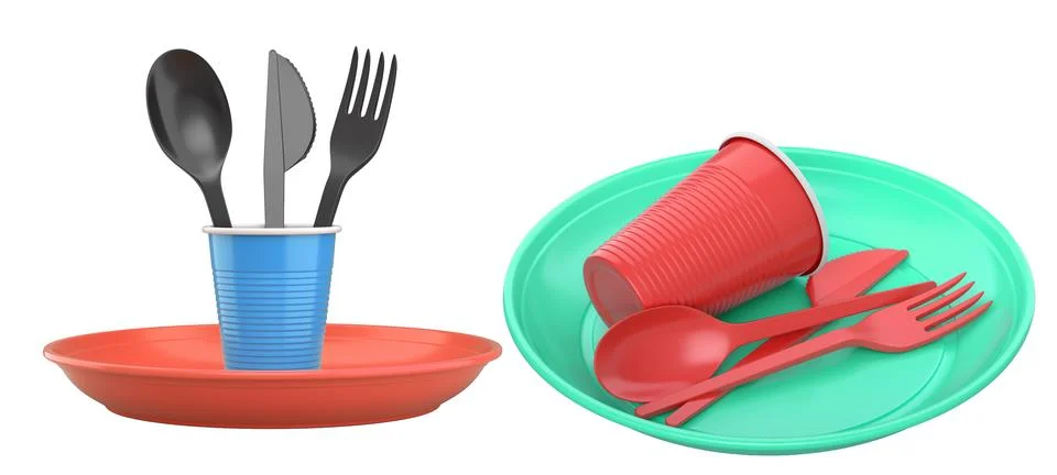 Set of colorful plastic tableware sets with plates, cups, and matching cutler Stock Illustration