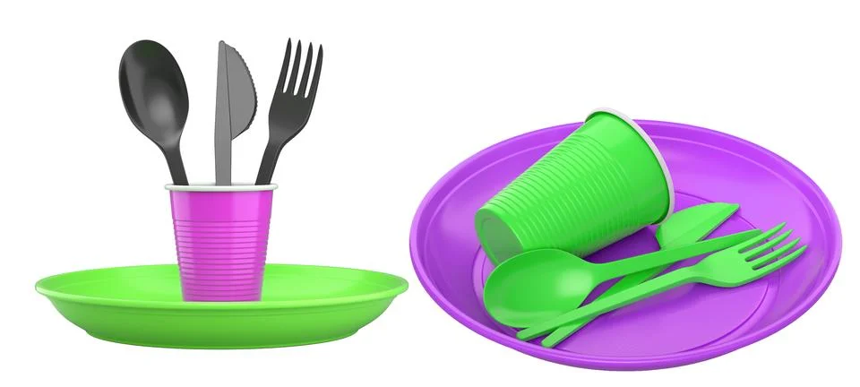 Set of colorful plastic tableware sets with plates, cups, and matching cutl.. Stock Illustration