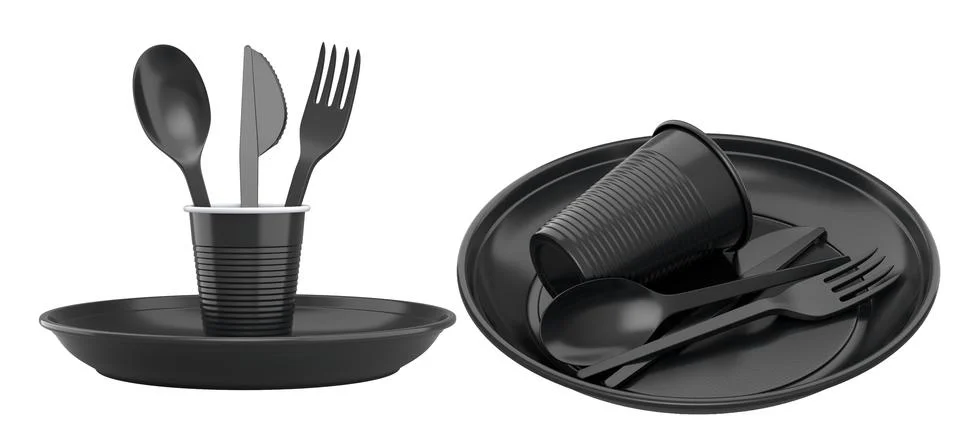 Set of colorful plastic tableware sets with plates, cups, and matching cutler Stock Photos