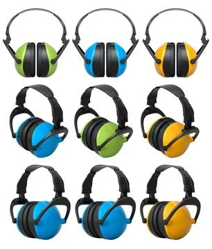 Set of colorful protective earmuffs isolated on a white background with clipping Stock Illustration