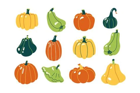 Set of colorful pumpkins. Vector illustrations. Stock Illustration