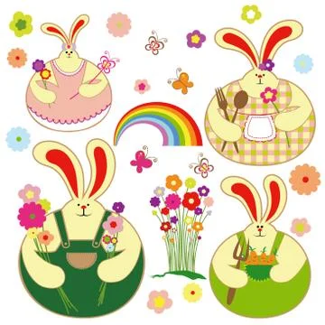 Set of colorful rabbit and springtime floral Stock Illustration