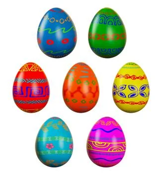 Set of Colorful Realistic Easter Eggs isolated on white background. 3D rendering Stock Illustration