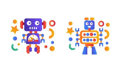 Set of Colorful Robots, Service Chatbots, Artificial Intelligence Concept Flat Stock Illustration