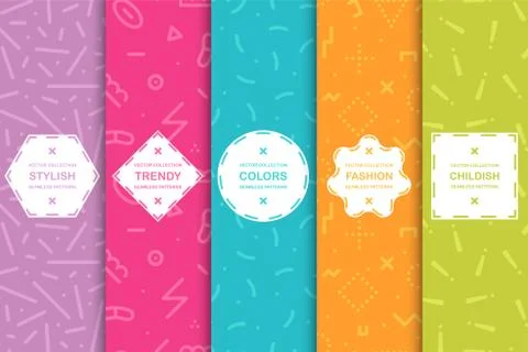 Set of colorful seamless creative patterns. Bright trendy backgrounds in memphis Stock Illustration
