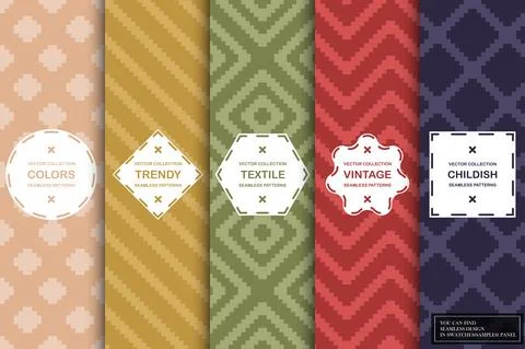 Set of colorful seamless textile patterns - geometric vintage design. Vector Illustrazione stock