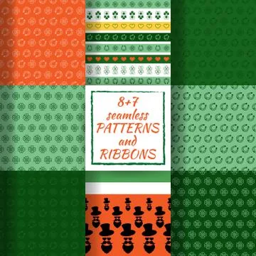 Set of Colorful seamless vector patterns and ribbons with clover leaves, hat, Stock Illustration