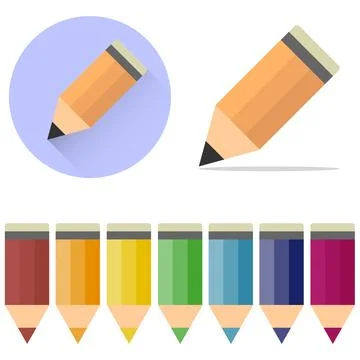 Set of colorful sharp pencils and thick pencil icon flat vector illustration Stock Illustration