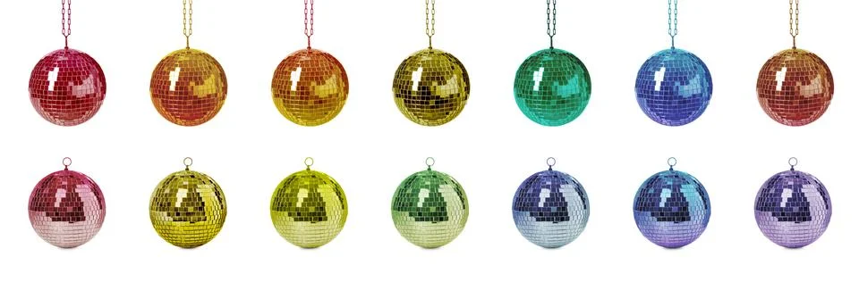 Set with colorful shiny disco balls on white background. Banner design Stock Photos